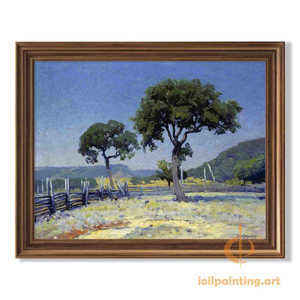 "Julian Onderdonk's 'Countryside Serenity: Twin Oaks & Rustic Fence' Oil Painting Reproduction on Canvas"