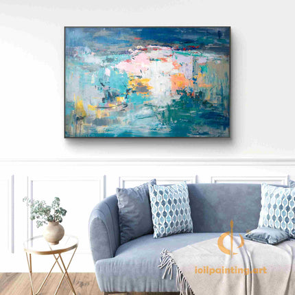 "Modern Abstract Oil Painting - Bold Blue & Pink Color Splash with Yellow Accents | Handmade Textured Canvas Art"