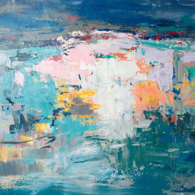 "Modern Abstract Oil Painting - Bold Blue & Pink Color Splash with Yellow Accents | Handmade Textured Canvas Art"