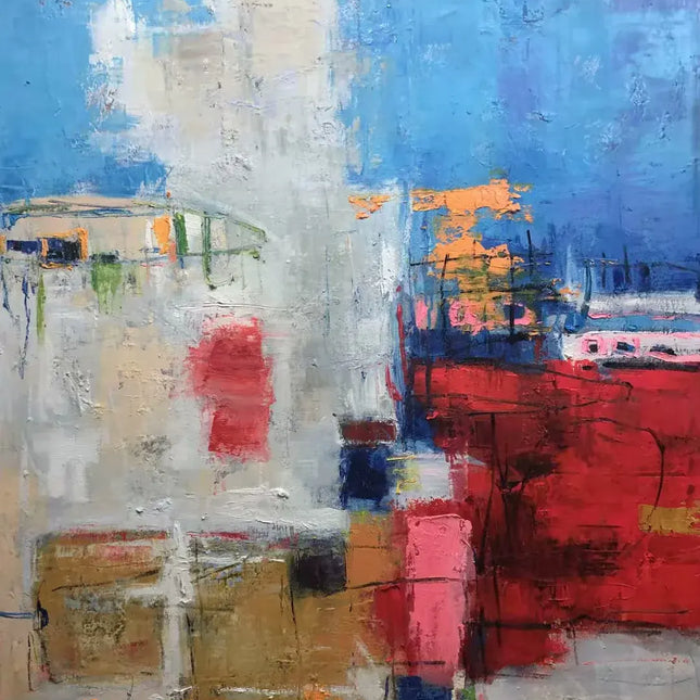 "Urban Energy Abstract Oil Painting - Bold Blue & Colorful Cityscape Art - Handmade Contemporary Wall Decor"