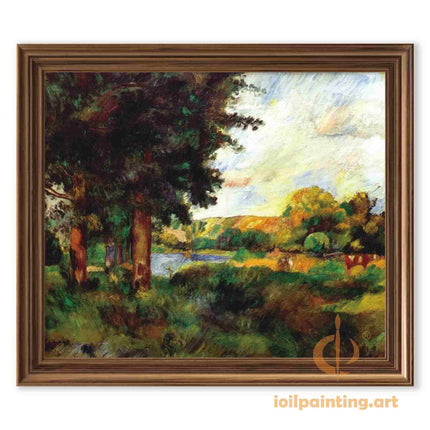 "Pierre-Auguste Renoir's 'Lakeside Tranquility' Oil Painting Reproduction - Serene Landscape with Towering Trees"