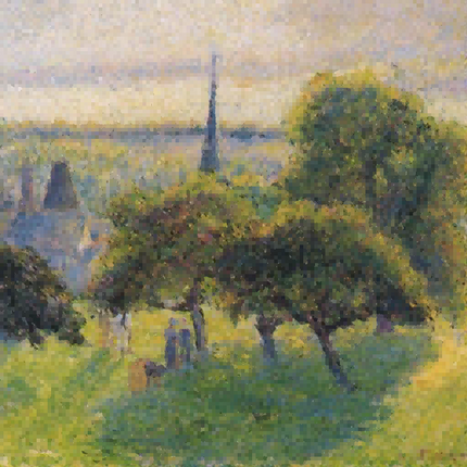 "Camille Pissarro's 'Village Spire Through the Trees' - Hand-Painted Impressionist Oil Painting Reproduction"