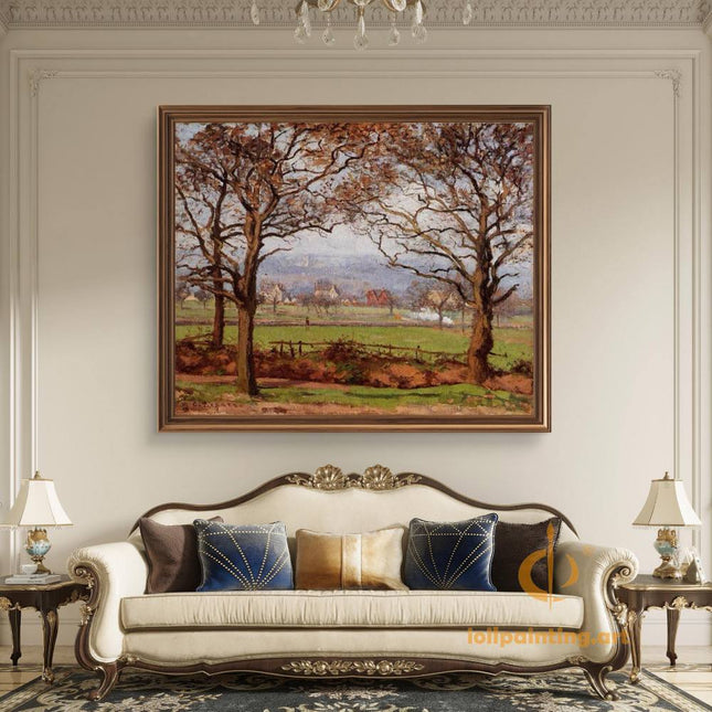 "Camille Pissarro's 'Autumn Trees Framing Countryside Vista' - Hand-Painted Impressionist Oil Painting Reproduction"