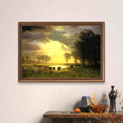 "Albert Bierstadt's 'Bison at Watering Hole' - Hand-Painted Landscape Oil Painting Reproduction"
