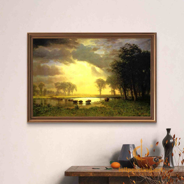"Albert Bierstadt's 'Bison at Watering Hole' - Hand-Painted Landscape Oil Painting Reproduction"
