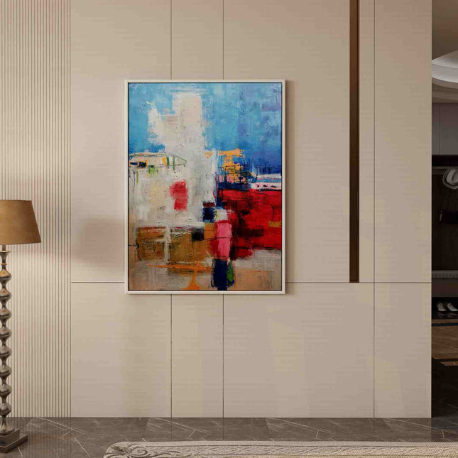 "Urban Energy Abstract Oil Painting - Bold Blue & Colorful Cityscape Art - Handmade Contemporary Wall Decor"