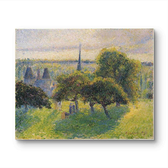 "Camille Pissarro's 'Village Spire Through the Trees' - Hand-Painted Impressionist Oil Painting Reproduction"