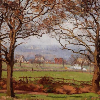 "Camille Pissarro's 'Autumn Trees Framing Countryside Vista' - Hand-Painted Impressionist Oil Painting Reproduction"