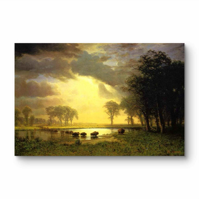 "Albert Bierstadt's 'Bison at Watering Hole' - Hand-Painted Landscape Oil Painting Reproduction"