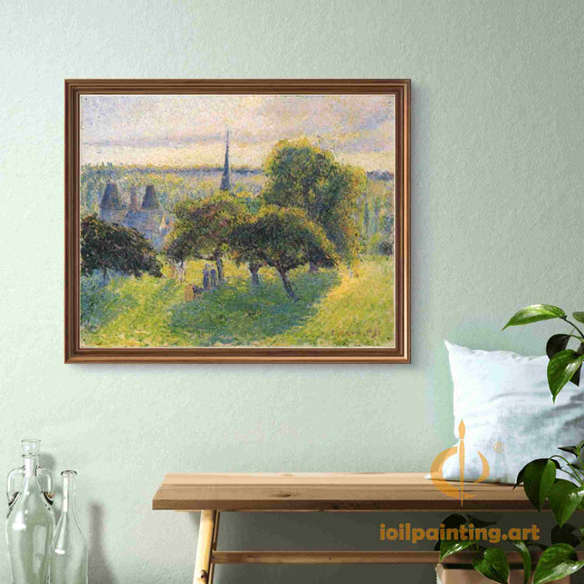 "Camille Pissarro's 'Village Spire Through the Trees' - Hand-Painted Impressionist Oil Painting Reproduction"