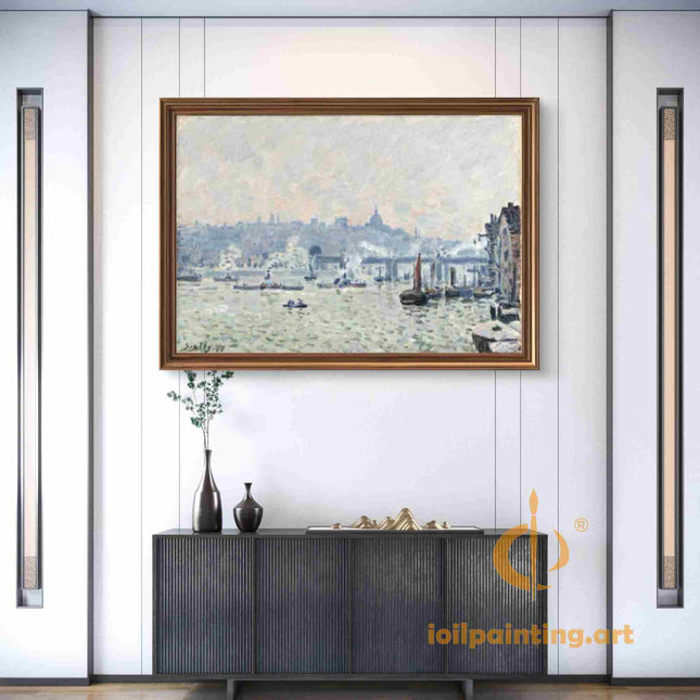 "Alfred Sisley's 'Tranquil River with Boats' - Hand-Painted Impressionist Oil Painting Reproduction"