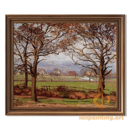 "Camille Pissarro's 'Autumn Trees Framing Countryside Vista' - Hand-Painted Impressionist Oil Painting Reproduction"