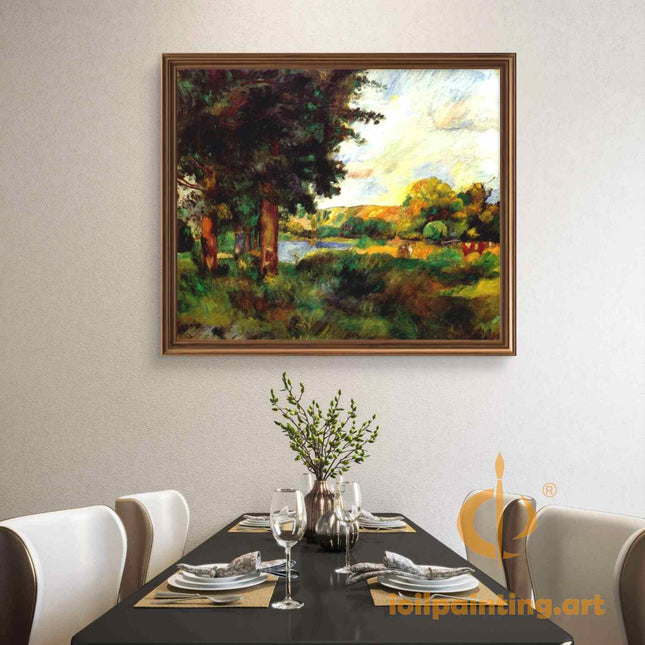 "Pierre-Auguste Renoir's 'Lakeside Tranquility' Oil Painting Reproduction - Serene Landscape with Towering Trees"