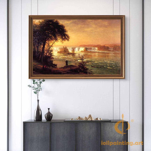 "Albert Bierstadt's 'Waterfall Contemplation' - Hand-Painted Landscape Oil Painting Reproduction"