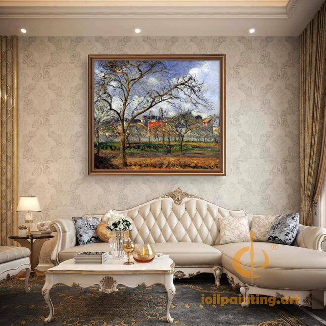 "Camille Pissarro's 'Bare-Branched Trees Overlooking Rustic Village' - Hand-Painted Impressionist Oil Painting Reproduction"