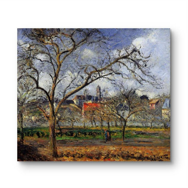 "Camille Pissarro's 'Bare-Branched Trees Overlooking Rustic Village' - Hand-Painted Impressionist Oil Painting Reproduction"