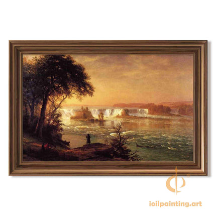 "Albert Bierstadt's 'Waterfall Contemplation' - Hand-Painted Landscape Oil Painting Reproduction"