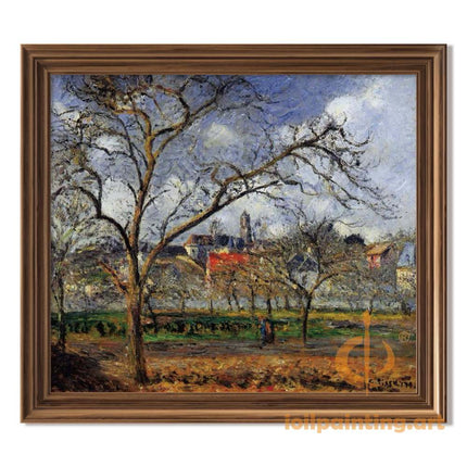 "Camille Pissarro's 'Bare-Branched Trees Overlooking Rustic Village' - Hand-Painted Impressionist Oil Painting Reproduction"