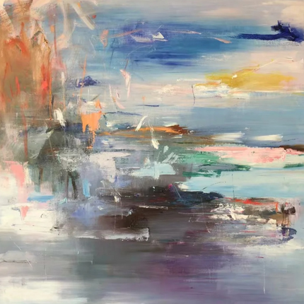 "Oceanic Energy Abstract Oil Painting - Bold Blue & Warm Tones - Handmade Contemporary Wall Art for Modern Living Spaces"