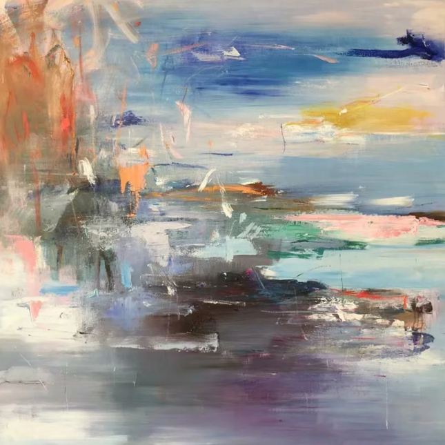 "Oceanic Energy Abstract Oil Painting - Bold Blue & Warm Tones - Handmade Contemporary Wall Art for Modern Living Spaces"