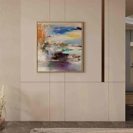 "Oceanic Energy Abstract Oil Painting - Bold Blue & Warm Tones - Handmade Contemporary Wall Art for Modern Living Spaces"