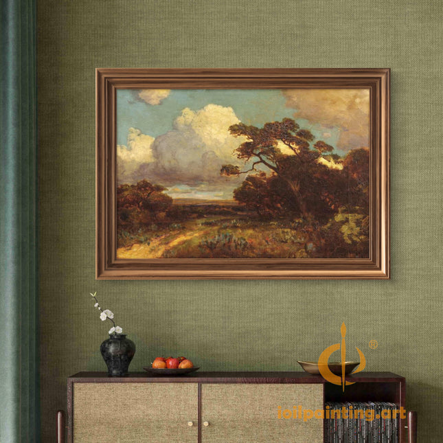 "Golden Hour Landscape with Majestic Oak - Premium Hand-Painted Oil Reproduction on Canvas"
