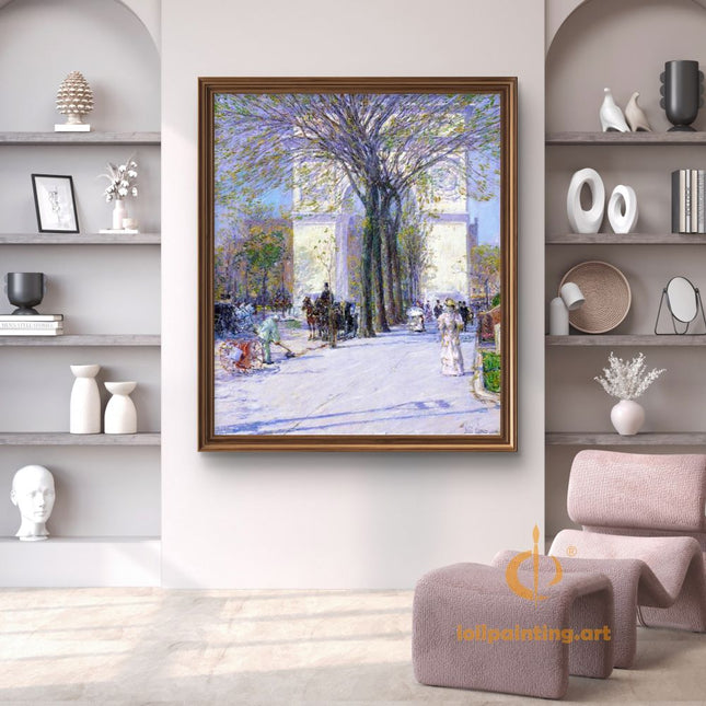 "Childe Hassam's 'Elegant City Promenade' - Hand-Painted Classical Street Scene Oil Painting Reproduction"