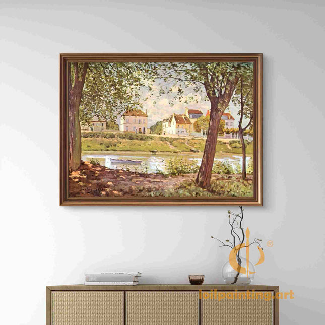 "Alfred Sisley's 'Tranquil Riverside Village' - Hand-Painted Impressionist Oil Painting Reproduction"