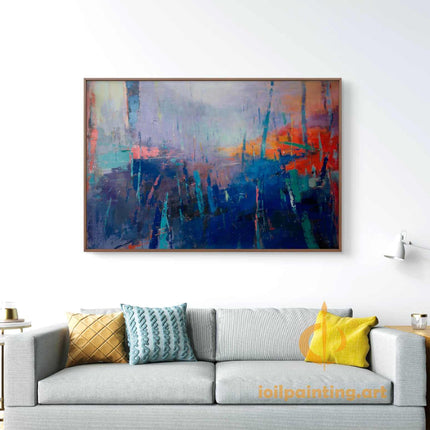 "Urban Abstract Oil Painting - Vibrant Cityscape in Blues, Pinks & Oranges | Handmade Contemporary Wall Art"