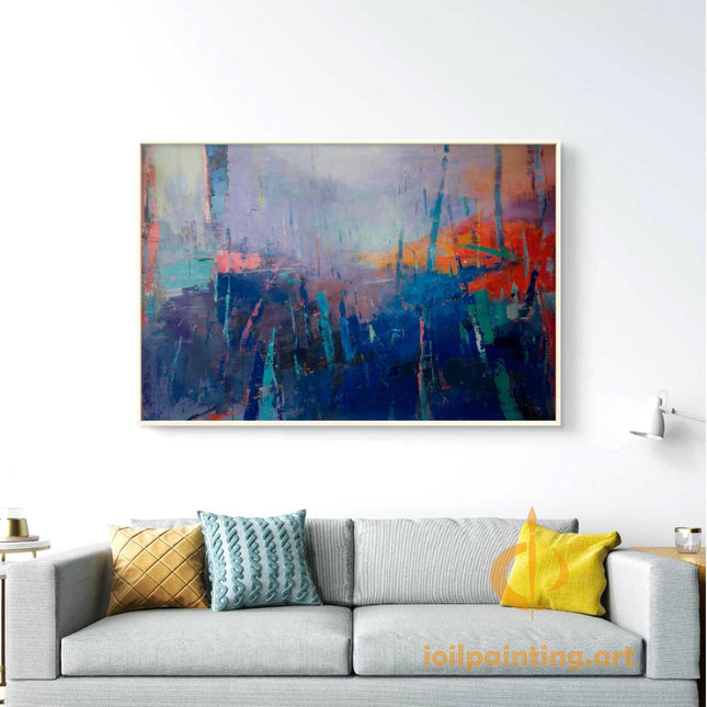"Urban Abstract Oil Painting - Vibrant Cityscape in Blues, Pinks & Oranges | Handmade Contemporary Wall Art"
