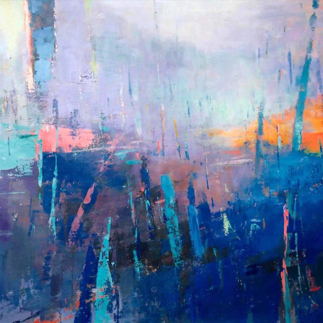 "Urban Abstract Oil Painting - Vibrant Cityscape in Blues, Pinks & Oranges | Handmade Contemporary Wall Art"