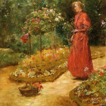 "Childe Hassam's 'Elegant Lady in Rose Garden' - Hand-Painted Classical Oil Painting Reproduction"
