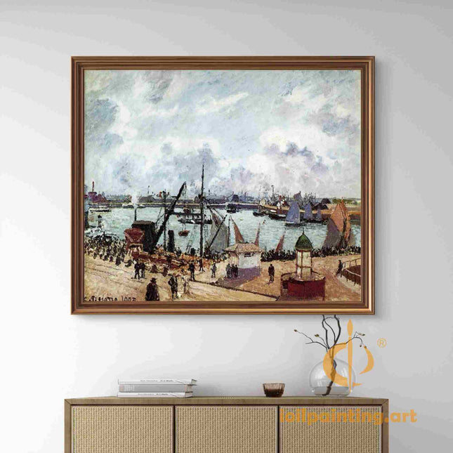 "Camille Pissarro's 'Bustling Harbor Scene with Sailboats' - Hand-Painted Impressionist Oil Painting Reproduction"