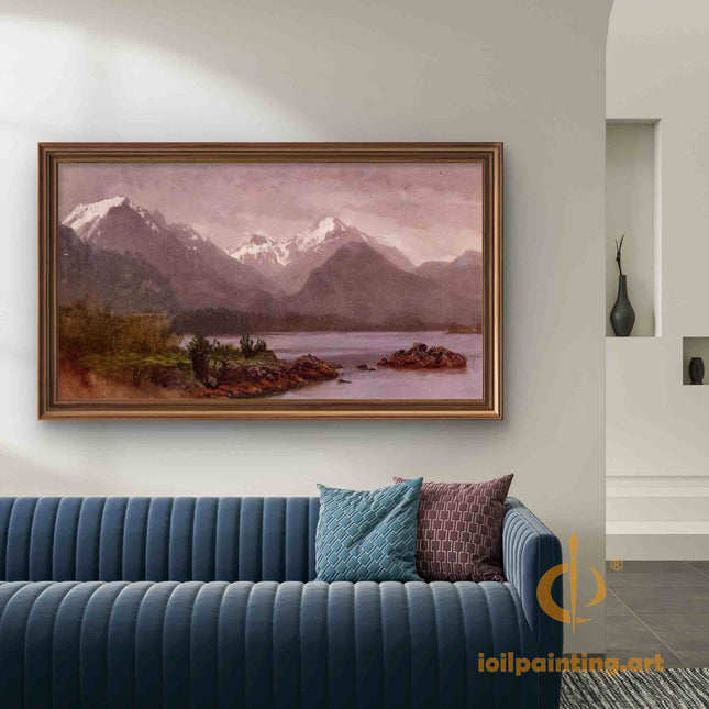"Albert Bierstadt's 'Mountain Lake Serenity' - Hand-Painted Landscape Oil Painting Reproduction"
