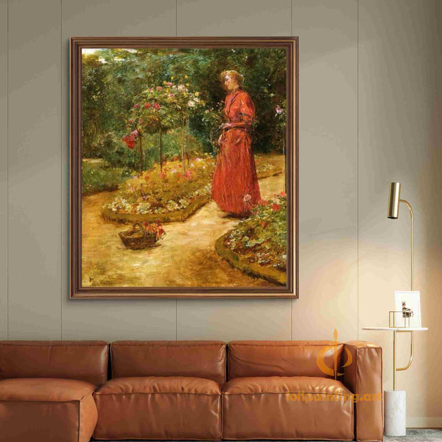 "Childe Hassam's 'Elegant Lady in Rose Garden' - Hand-Painted Classical Oil Painting Reproduction"