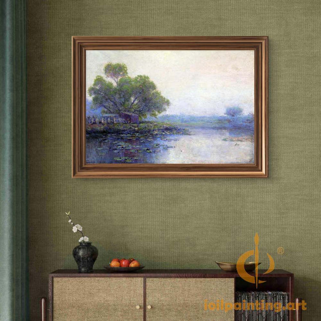 "Julian Onderdonk's 'Water Lilies & Lakeside Cottage' - Premium Hand-Painted Oil Reproduction on Canvas"
