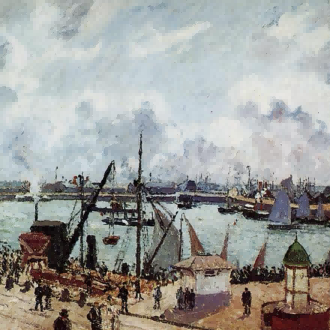 "Camille Pissarro's 'Bustling Harbor Scene with Sailboats' - Hand-Painted Impressionist Oil Painting Reproduction"