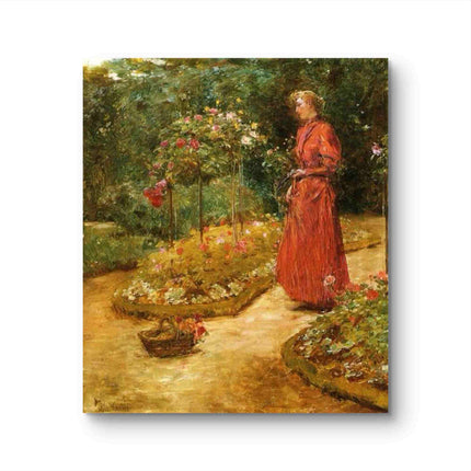 "Childe Hassam's 'Elegant Lady in Rose Garden' - Hand-Painted Classical Oil Painting Reproduction"