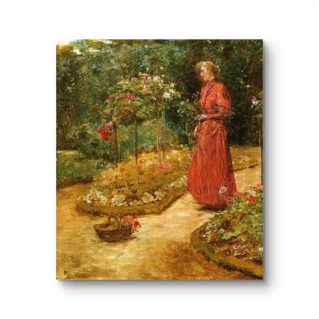 "Childe Hassam's 'Elegant Lady in Rose Garden' - Hand-Painted Classical Oil Painting Reproduction"