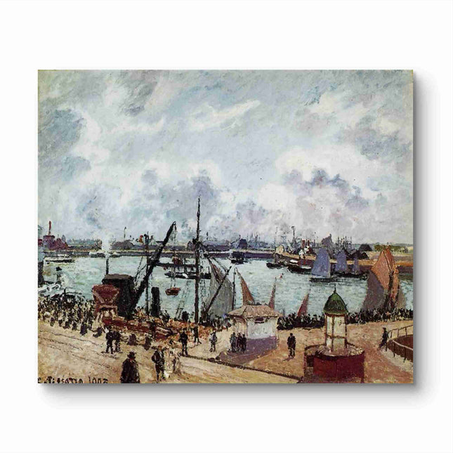"Camille Pissarro's 'Bustling Harbor Scene with Sailboats' - Hand-Painted Impressionist Oil Painting Reproduction"