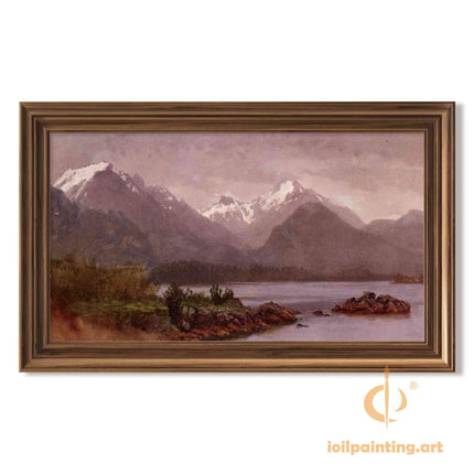 "Albert Bierstadt's 'Mountain Lake Serenity' - Hand-Painted Landscape Oil Painting Reproduction"