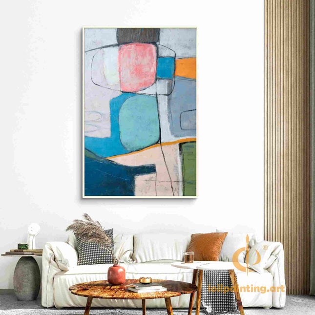 "Modern Geometric Abstract Oil Painting - Bold Color Block Art in Blue, Pink & Orange | Handmade Canvas Wall Decor"