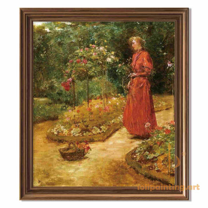 "Childe Hassam's 'Elegant Lady in Rose Garden' - Hand-Painted Classical Oil Painting Reproduction"