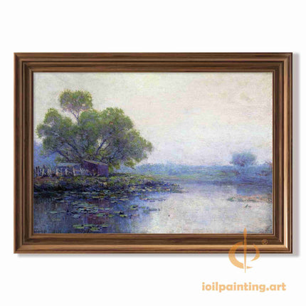 "Julian Onderdonk's 'Water Lilies & Lakeside Cottage' - Premium Hand-Painted Oil Reproduction on Canvas"