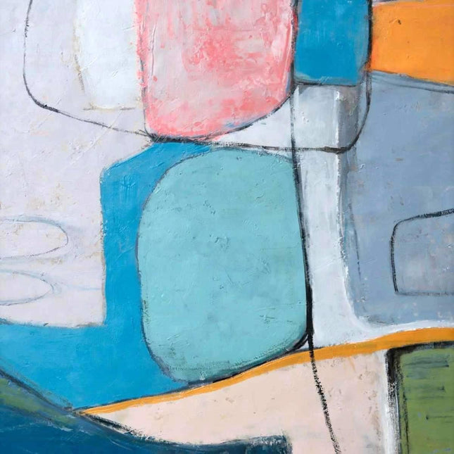 "Modern Geometric Abstract Oil Painting - Bold Color Block Art in Blue, Pink & Orange | Handmade Canvas Wall Decor"