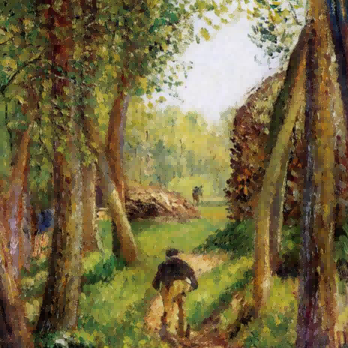 "Camille Pissarro's 'Solitary Stroll Through Sunlit Woods' - Hand-Painted Impressionist Oil Painting Reproduction"