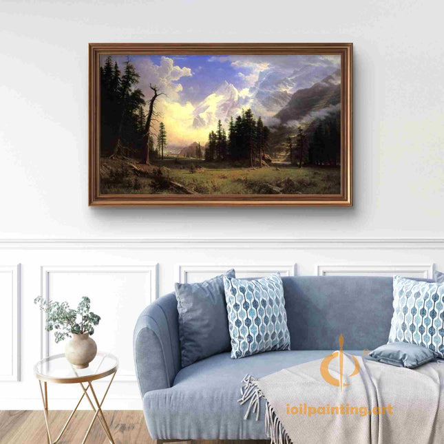 "Albert Bierstadt's 'Alpine Majesty' - Hand-Painted Mountain Landscape Oil Painting Reproduction"