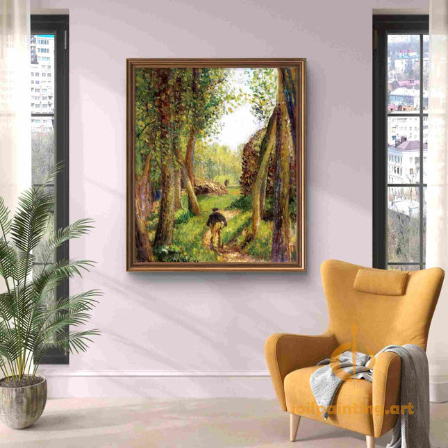 "Camille Pissarro's 'Solitary Stroll Through Sunlit Woods' - Hand-Painted Impressionist Oil Painting Reproduction"