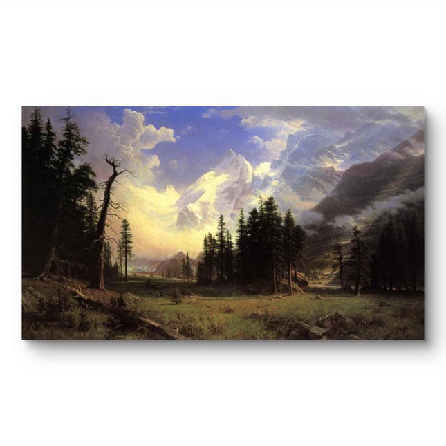 "Albert Bierstadt's 'Alpine Majesty' - Hand-Painted Mountain Landscape Oil Painting Reproduction"