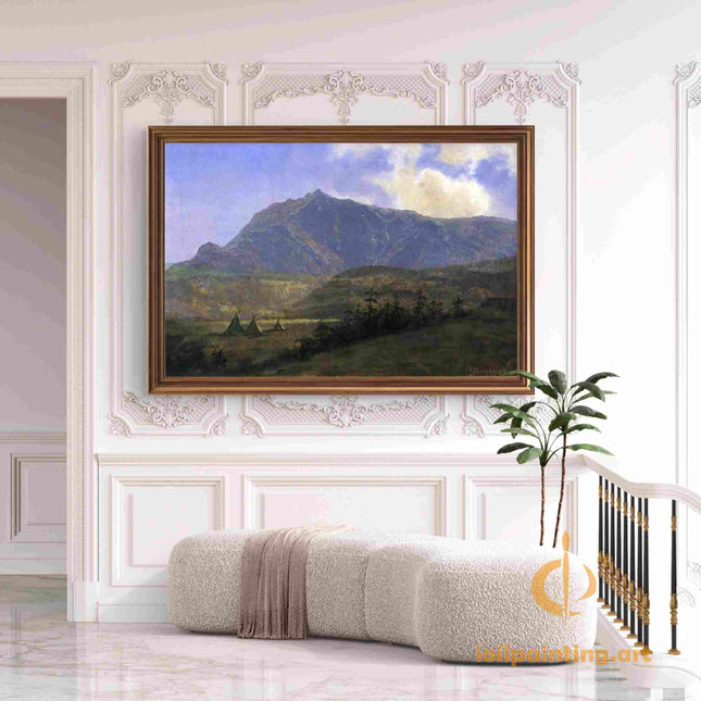 "Albert Bierstadt's 'Mountain Wilderness with Native Encampment' - Hand-Painted Landscape Oil Painting Reproduction"